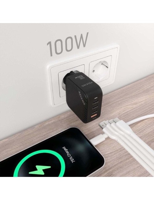 Cargador de Pared GaN Aisens ASCH-100W4P029-BK/ 3xUSB Tipo-C/ 1x USB/ 100W