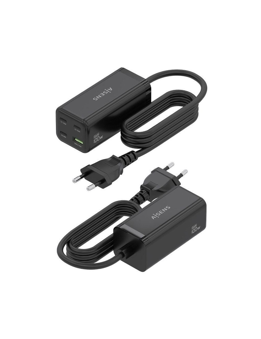 Cargador Sobremesa GaN Aisens ASCH-100W4P054-BK/ 3xUSB Tipo-C/ 1xUSB/ 100W