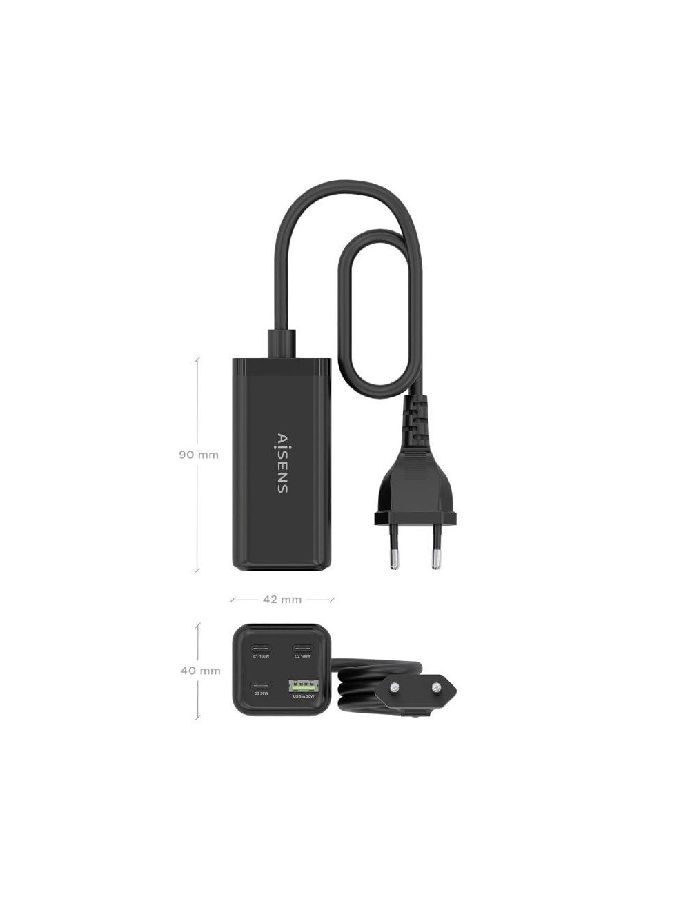 Cargador Sobremesa GaN Aisens ASCH-100W4P054-BK/ 3xUSB Tipo-C/ 1xUSB/ 100W