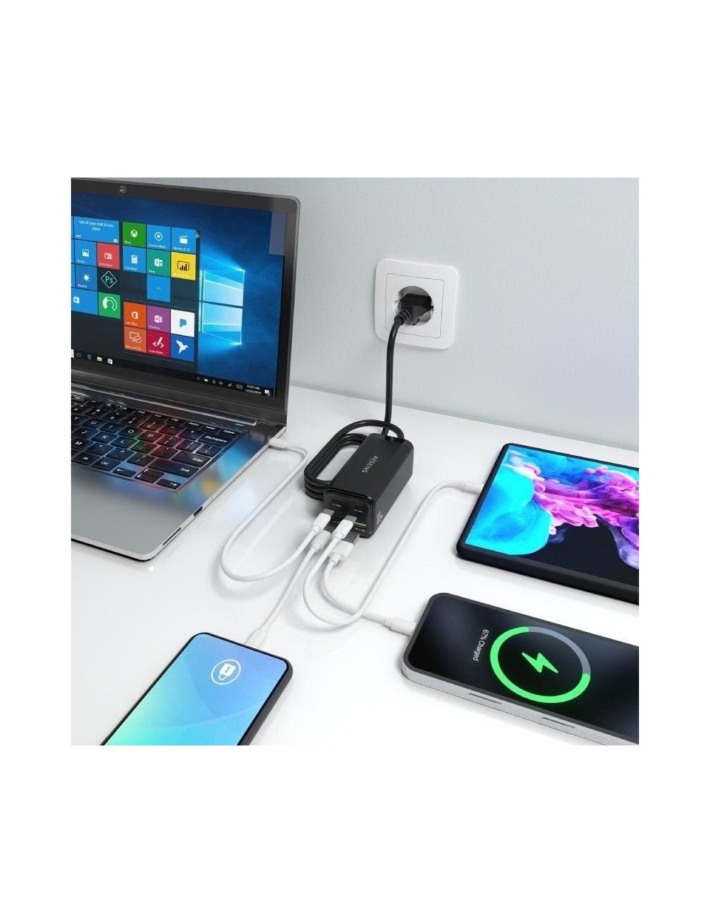 Cargador Sobremesa GaN Aisens ASCH-100W4P054-BK/ 3xUSB Tipo-C/ 1xUSB/ 100W