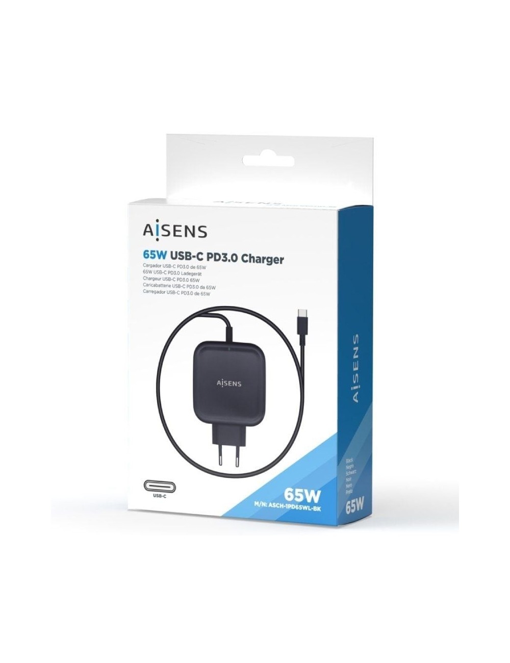 Cargador de Pared Aisens ASCH-1PD65WL-BK/ 1xUSB Tipo-C/ 65W