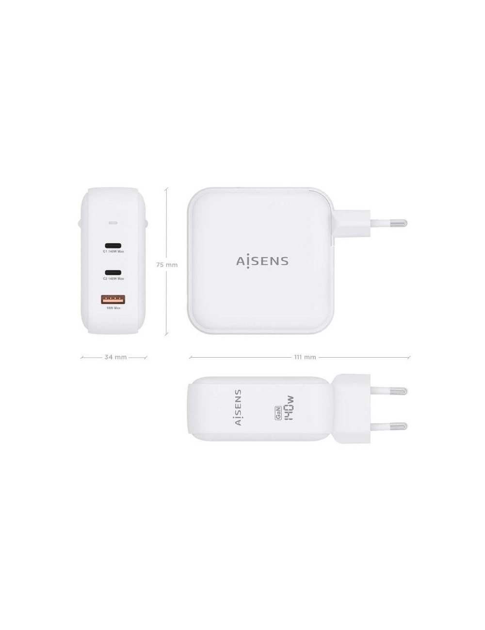 Cargador de Pared GaN Aisens ASCH-140W3P030-W/ 2xUSB Tipo-C/ 1xUSB/ 140W