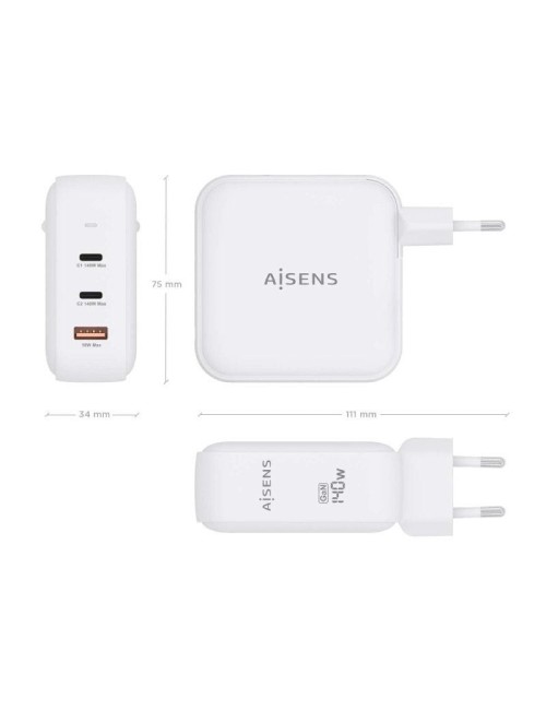 Cargador de Pared GaN Aisens ASCH-140W3P030-W/ 2xUSB Tipo-C/ 1xUSB/ 140W
