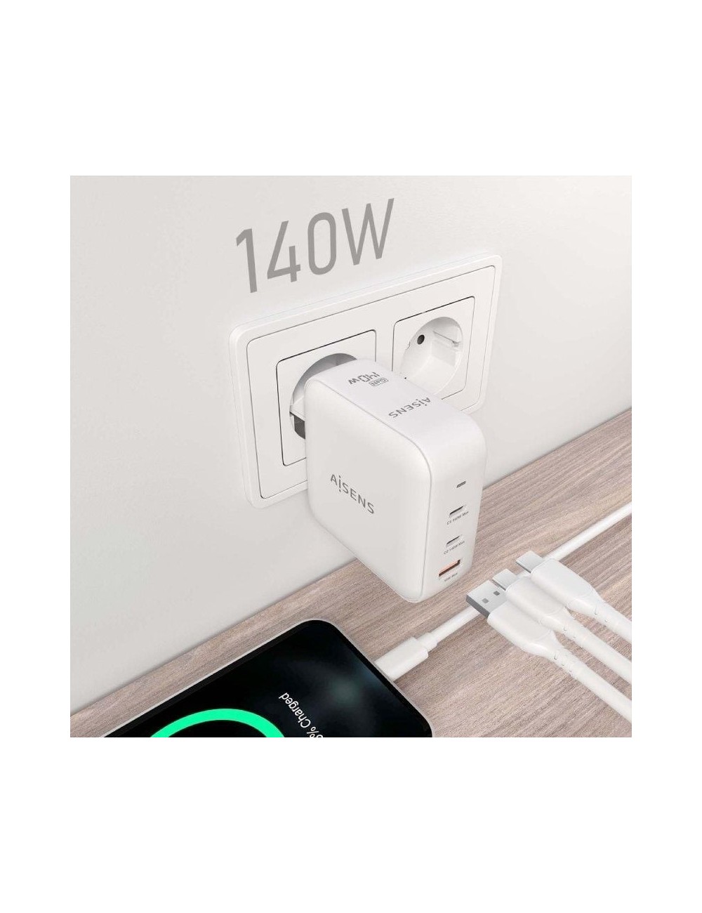 Cargador de Pared GaN Aisens ASCH-140W3P030-W/ 2xUSB Tipo-C/ 1xUSB/ 140W