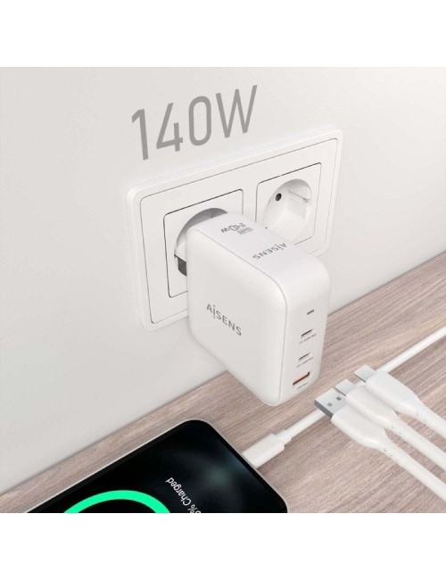 Cargador de Pared GaN Aisens ASCH-140W3P030-W/ 2xUSB Tipo-C/ 1xUSB/ 140W