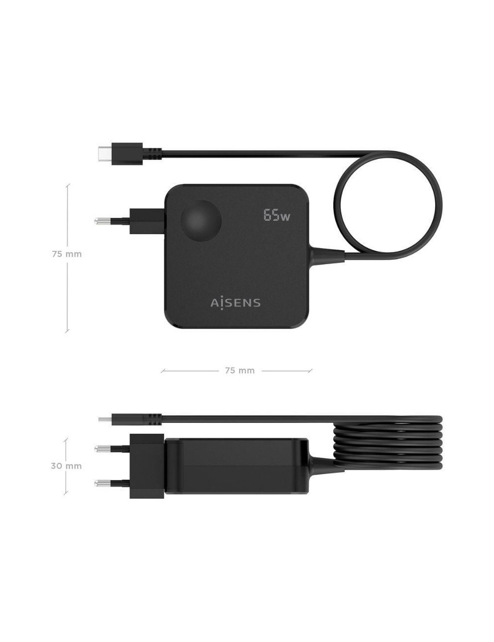 Cargador de Pared Aisens ASCH-1PD65WL80-BK/ 1xUSB Tipo-C/ 65W/ Negro