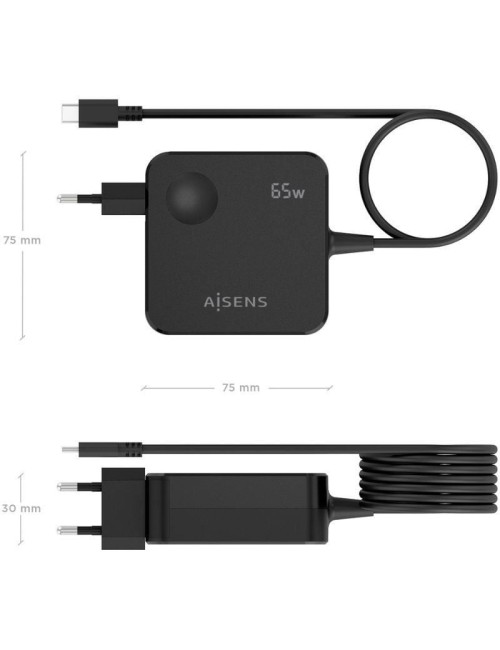 Cargador de Pared Aisens ASCH-1PD65WL80-BK/ 1xUSB Tipo-C/ 65W/ Negro
