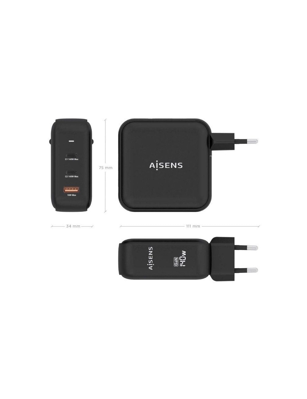 Cargador de Pared GaN Aisens ASCH-140W3P031-BK/ 2xUSB Tipo-C/ 1xUSB/ 140W