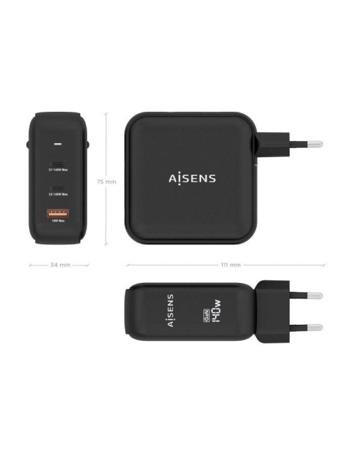 Cargador de Pared GaN Aisens ASCH-140W3P031-BK/ 2xUSB Tipo-C/ 1xUSB/ 140W