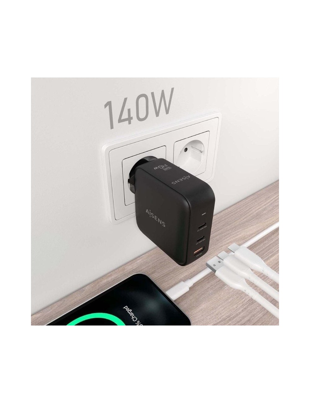 Cargador de Pared GaN Aisens ASCH-140W3P031-BK/ 2xUSB Tipo-C/ 1xUSB/ 140W