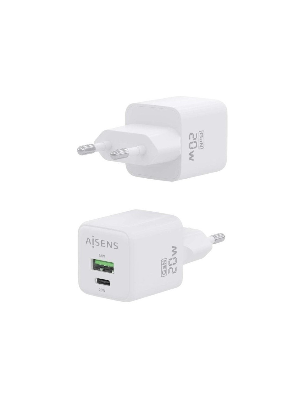 Cargador de Pared GaN Aisens ASCH-20W2P010-W/ 1xUSB Tipo-C/ 1xUSB/ 20W