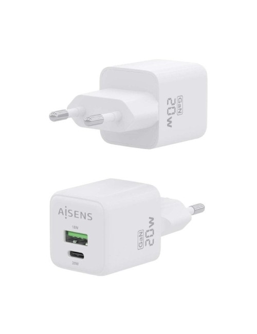 Cargador de Pared GaN Aisens ASCH-20W2P010-W/ 1xUSB Tipo-C/ 1xUSB/ 20W