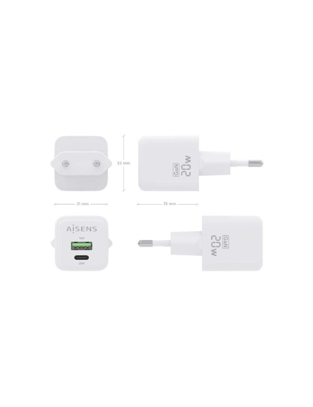 Cargador de Pared GaN Aisens ASCH-20W2P010-W/ 1xUSB Tipo-C/ 1xUSB/ 20W
