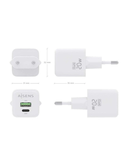 Cargador de Pared GaN Aisens ASCH-20W2P010-W/ 1xUSB Tipo-C/ 1xUSB/ 20W
