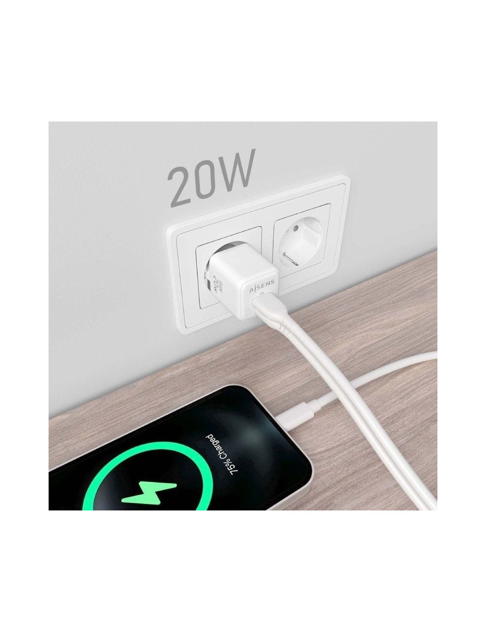 Cargador de Pared GaN Aisens ASCH-20W2P010-W/ 1xUSB Tipo-C/ 1xUSB/ 20W