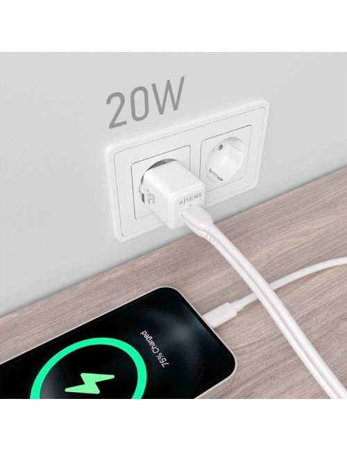 Cargador de Pared GaN Aisens ASCH-20W2P010-W/ 1xUSB Tipo-C/ 1xUSB/ 20W