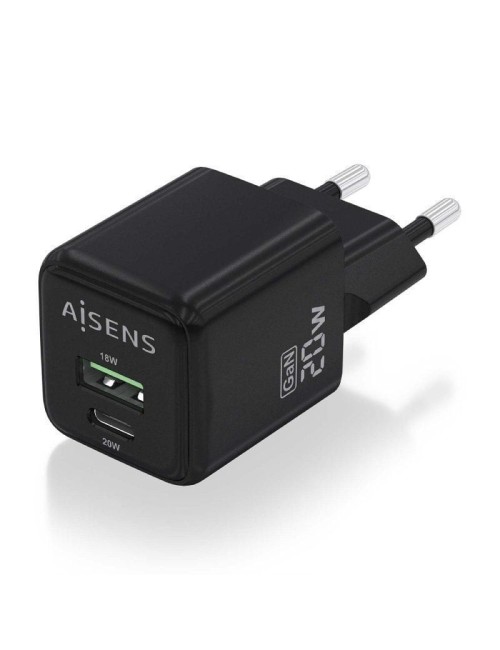 Cargador de Pared GaN Aisens ASCH-20W2P011-BK/ 1xUSB Tipo-C/ 1xUSB/ 20W