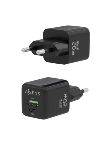 Cargador de Pared GaN Aisens ASCH-20W2P011-BK/ 1xUSB Tipo-C/ 1xUSB/ 20W