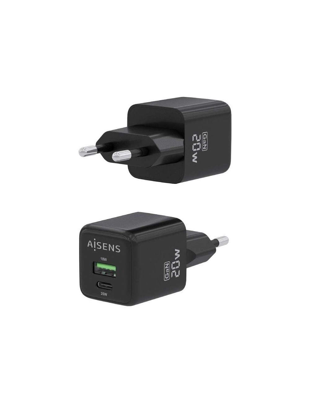 Cargador de Pared GaN Aisens ASCH-20W2P011-BK/ 1xUSB Tipo-C/ 1xUSB/ 20W