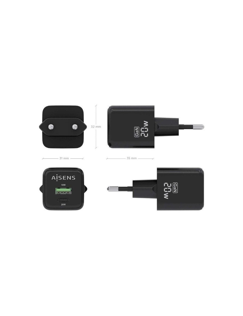 Cargador de Pared GaN Aisens ASCH-20W2P011-BK/ 1xUSB Tipo-C/ 1xUSB/ 20W