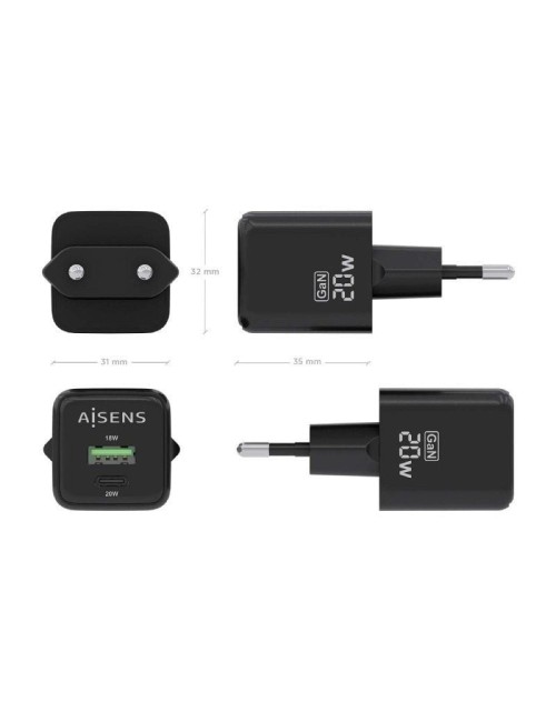 Cargador de Pared GaN Aisens ASCH-20W2P011-BK/ 1xUSB Tipo-C/ 1xUSB/ 20W