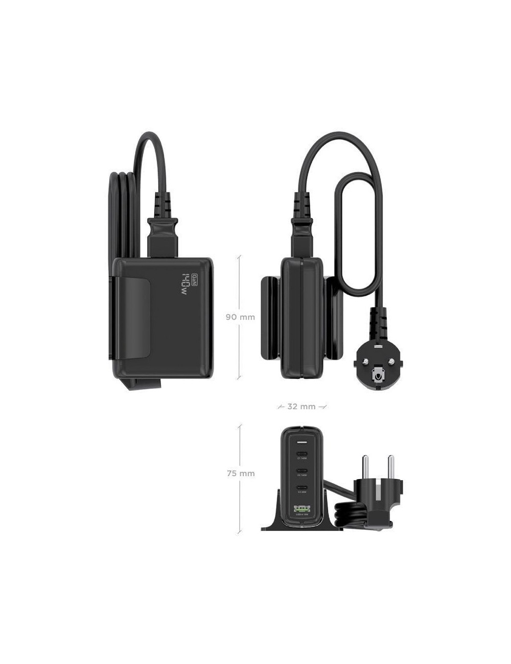 Cargador Sobremesa GaN Aisens ASCH-140W4P056-BK/ 3xUSB Tipo-C/ 1xUSB/ 140W