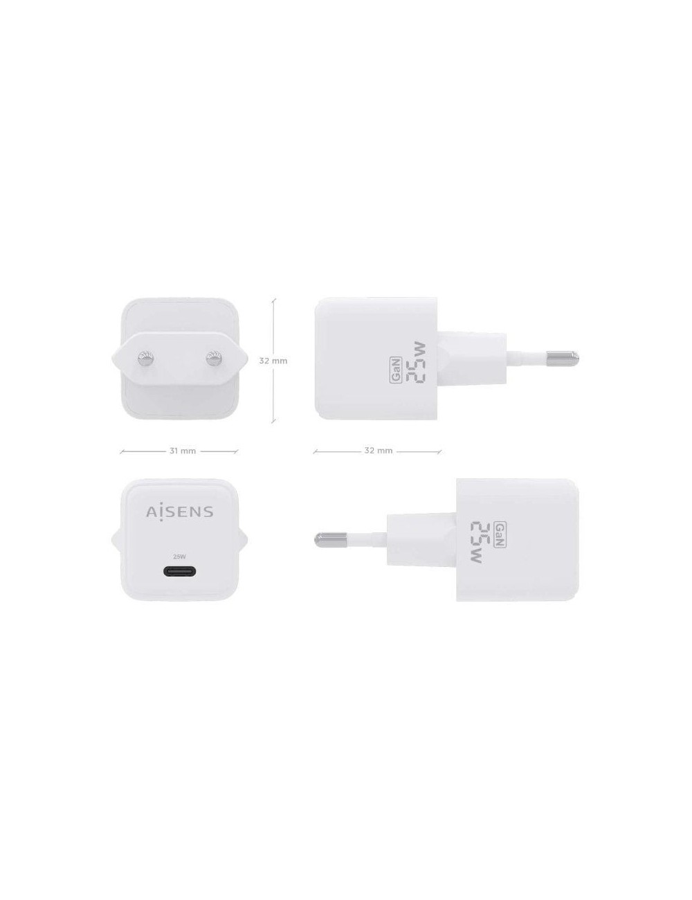 Cargador de Pared GaN Aisens ASCH-25W1P012-W/ 1xUSB Tipo-C/ 25W