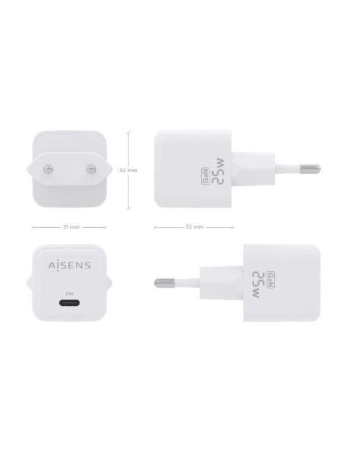 Cargador de Pared GaN Aisens ASCH-25W1P012-W/ 1xUSB Tipo-C/ 25W