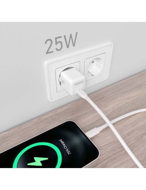 Cargador de Pared GaN Aisens ASCH-25W1P012-W/ 1xUSB Tipo-C/ 25W