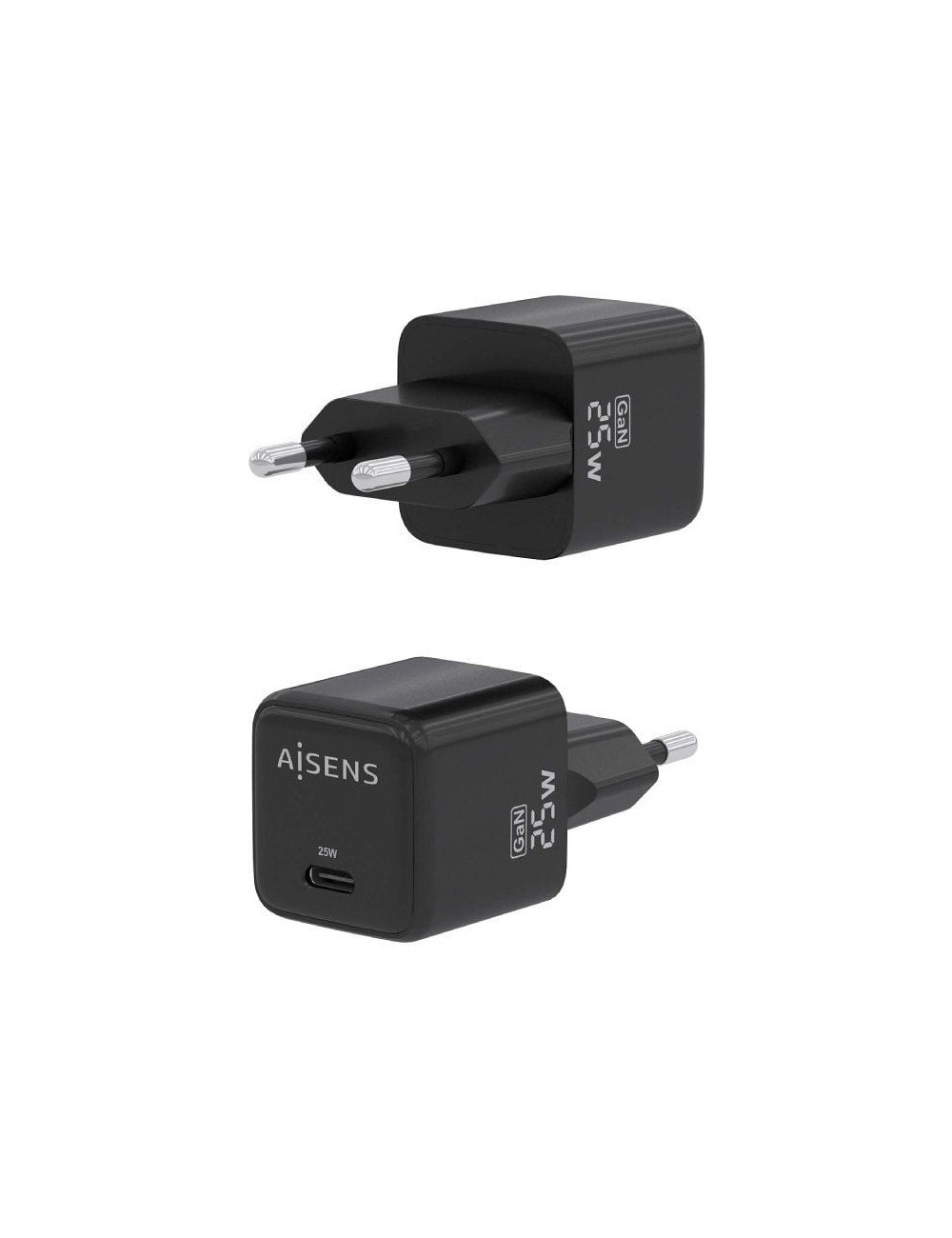Cargador de Pared GaN Aisens ASCH-25W1P013-BK/ 1xUSB Tipo-C/ 25W