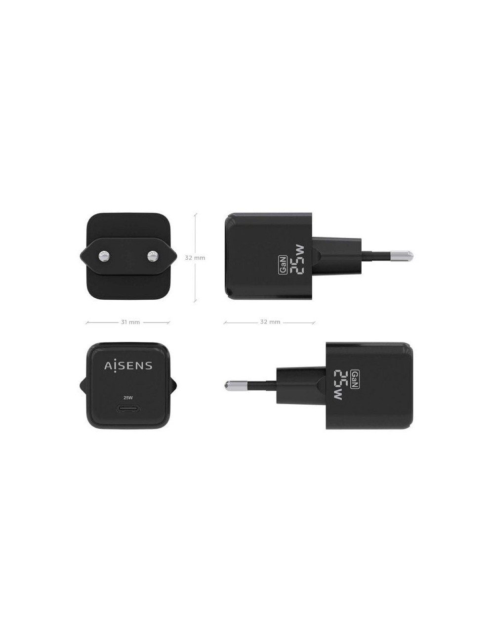Cargador de Pared GaN Aisens ASCH-25W1P013-BK/ 1xUSB Tipo-C/ 25W