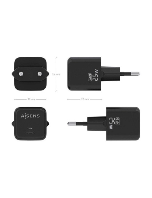 Cargador de Pared GaN Aisens ASCH-25W1P013-BK/ 1xUSB Tipo-C/ 25W