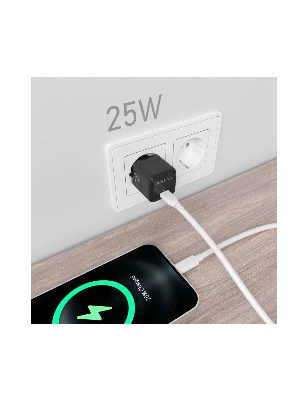 Cargador de Pared GaN Aisens ASCH-25W1P013-BK/ 1xUSB Tipo-C/ 25W