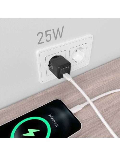 Cargador de Pared GaN Aisens ASCH-25W1P013-BK/ 1xUSB Tipo-C/ 25W