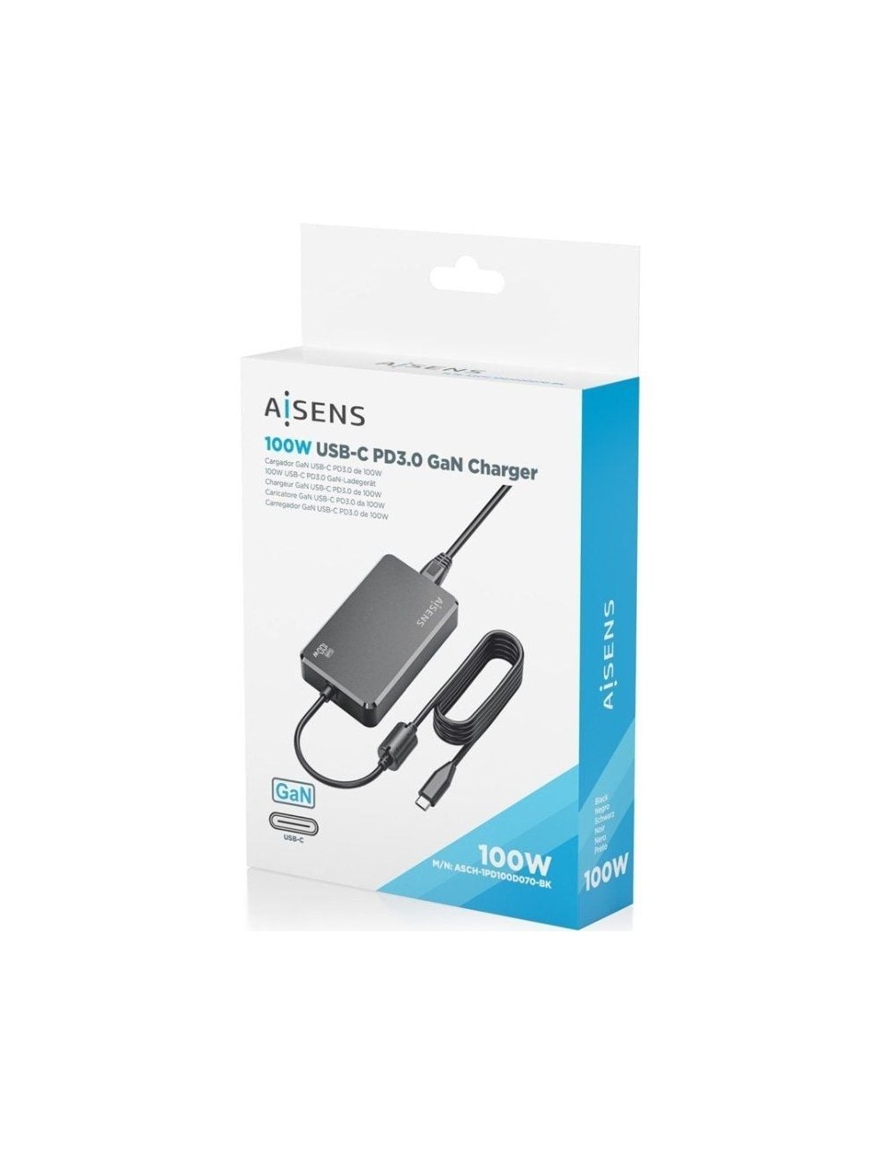 Cargador Sobremesa GaN Aisens ASCH-1PD100D070-BK/ 1xUSB Tipo-C/ 100W