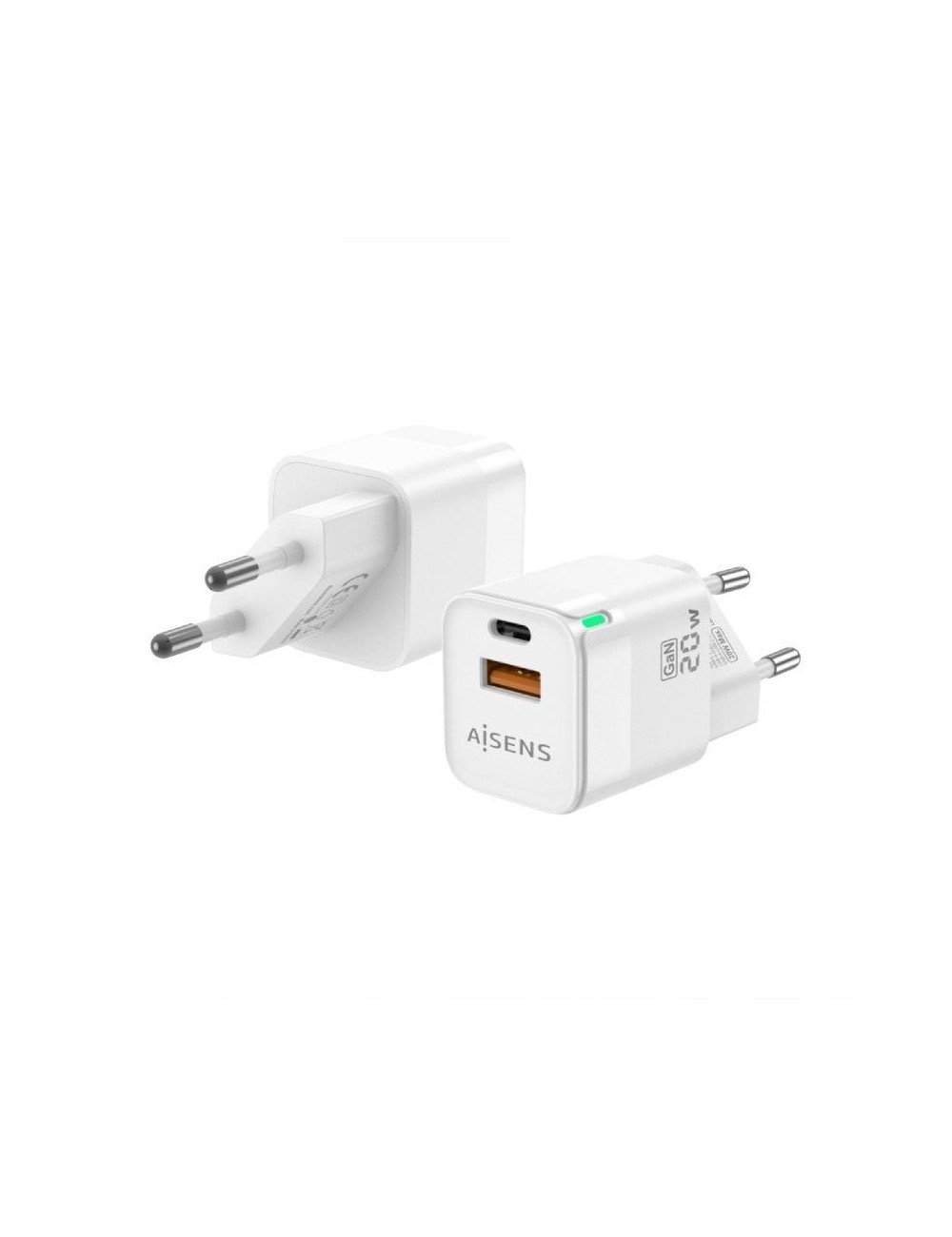 Cargador de Pared GaN Aisens ASCH-20W2P002-W/ 1xUSB Tipo-C/ 1xUSB/ 20W