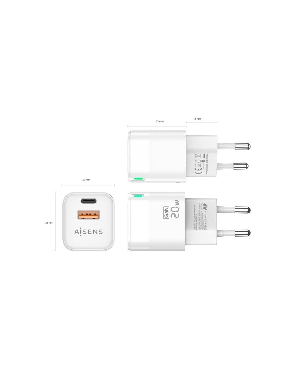 Cargador de Pared GaN Aisens ASCH-20W2P002-W/ 1xUSB Tipo-C/ 1xUSB/ 20W