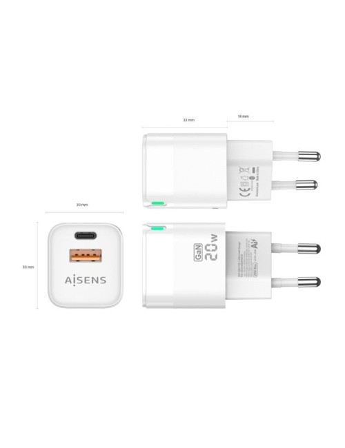Cargador de Pared GaN Aisens ASCH-20W2P002-W/ 1xUSB Tipo-C/ 1xUSB/ 20W
