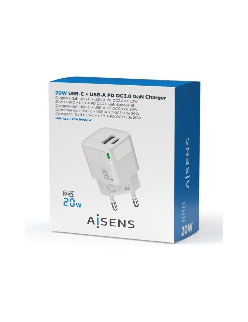 Cargador de Pared GaN Aisens ASCH-20W2P002-W/ 1xUSB Tipo-C/ 1xUSB/ 20W