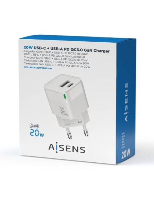 Cargador de Pared GaN Aisens ASCH-20W2P002-W/ 1xUSB Tipo-C/ 1xUSB/ 20W