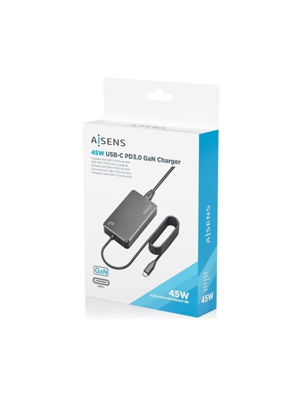 Cargador Sobremesa GaN Aisens ASCH-1PD45D067-BK/ 1xUSB Tipo-C/ 45W
