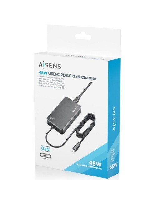Cargador Sobremesa GaN Aisens ASCH-1PD45D067-BK/ 1xUSB Tipo-C/ 45W