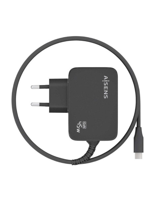Cargador de Pared GaN Aisens ASCH-1PD45WL032-BK/ 1xUSB Tipo-C + Cable 1.8m/ 45W