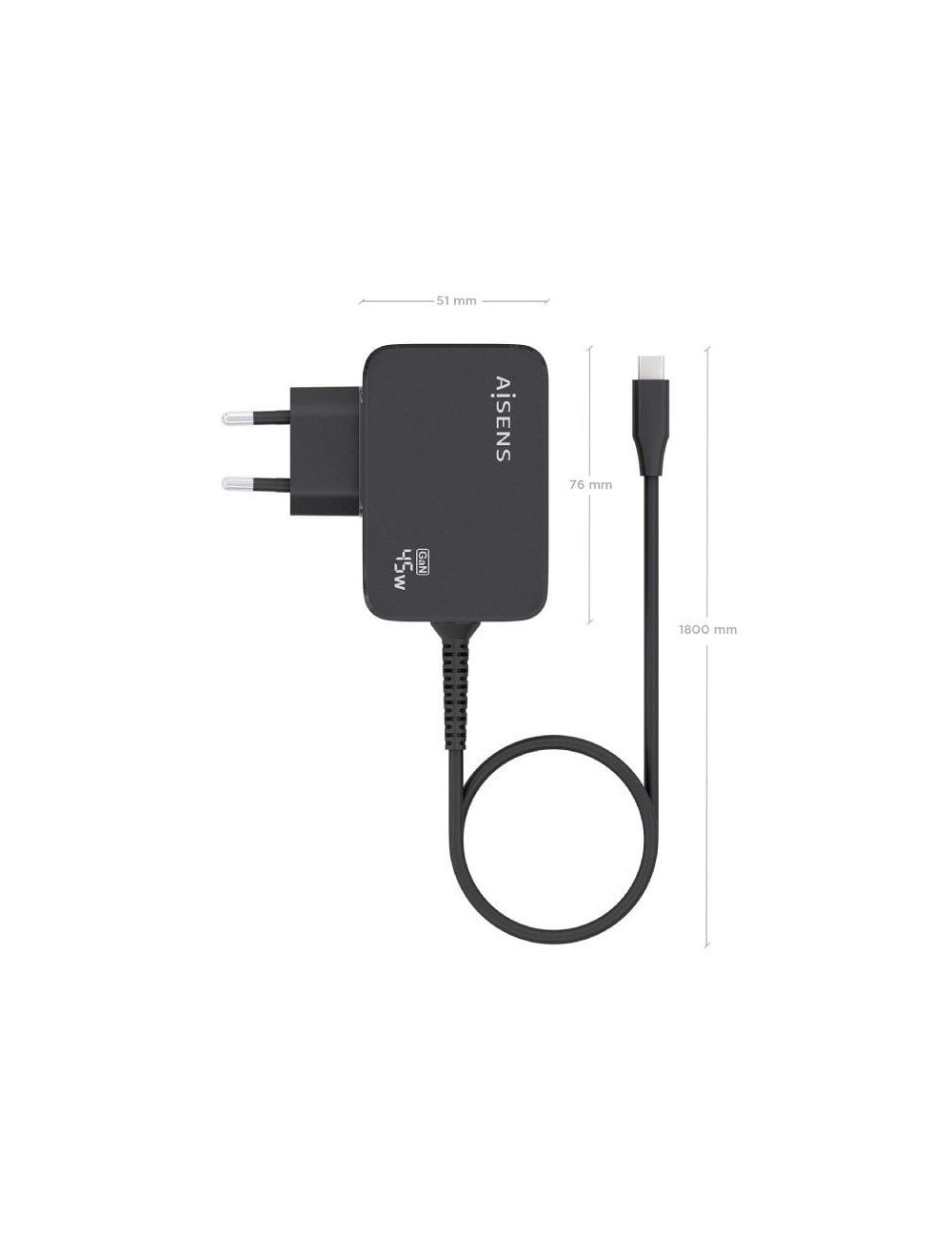 Cargador de Pared GaN Aisens ASCH-1PD45WL032-BK/ 1xUSB Tipo-C + Cable 1.8m/ 45W