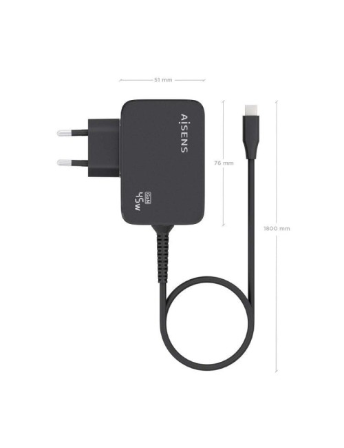 Cargador de Pared GaN Aisens ASCH-1PD45WL032-BK/ 1xUSB Tipo-C + Cable 1.8m/ 45W