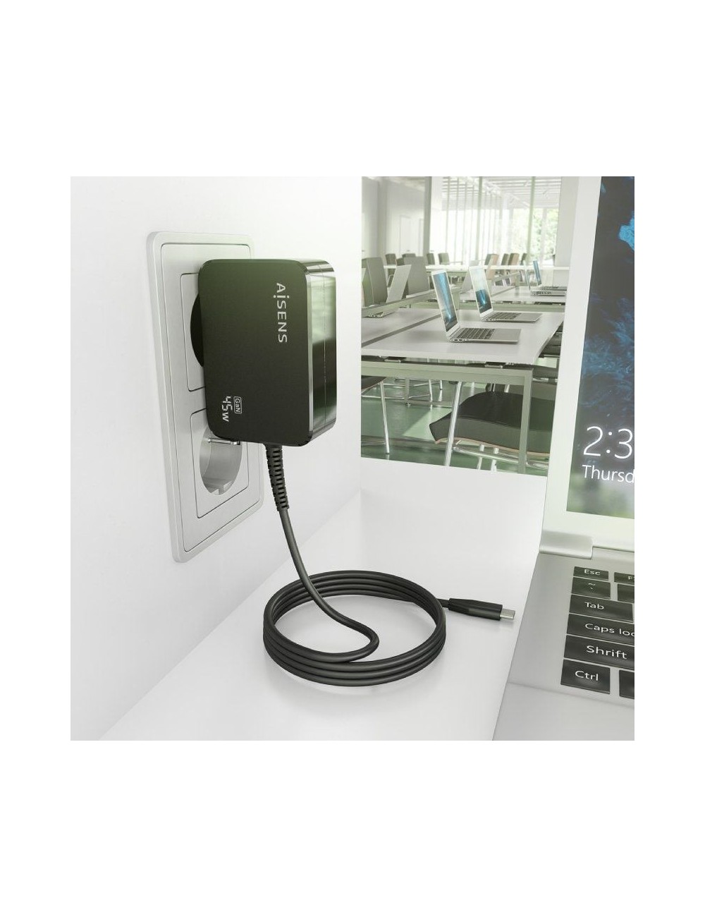 Cargador de Pared GaN Aisens ASCH-1PD45WL032-BK/ 1xUSB Tipo-C + Cable 1.8m/ 45W