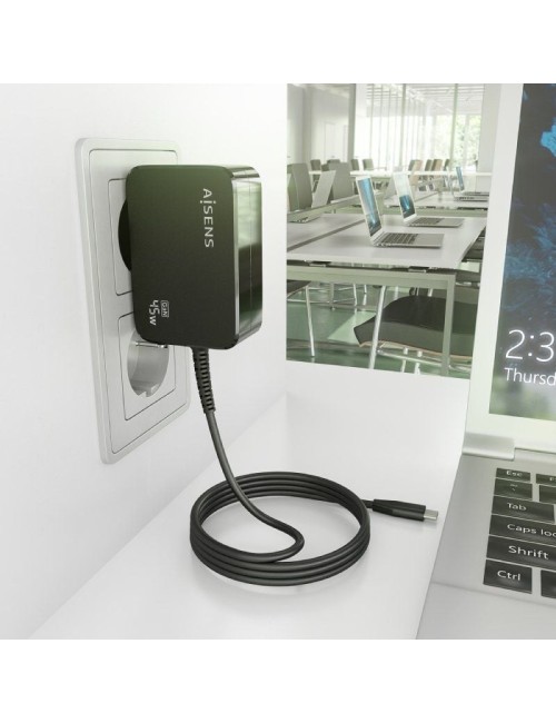 Cargador de Pared GaN Aisens ASCH-1PD45WL032-BK/ 1xUSB Tipo-C + Cable 1.8m/ 45W