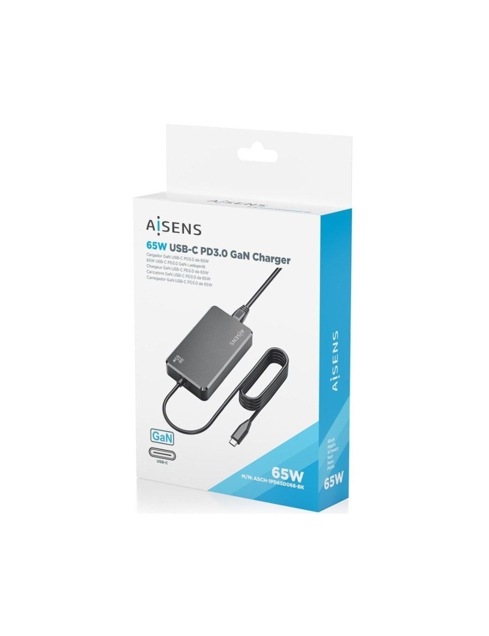 Cargador Sobremesa GaN Aisens ASCH-1PD65D068-BK/ 1xUSB Tipo-C/ 65W