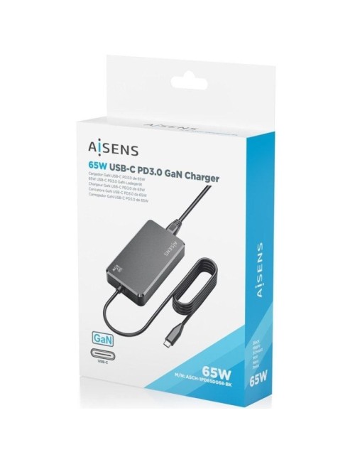 Cargador Sobremesa GaN Aisens ASCH-1PD65D068-BK/ 1xUSB Tipo-C/ 65W
