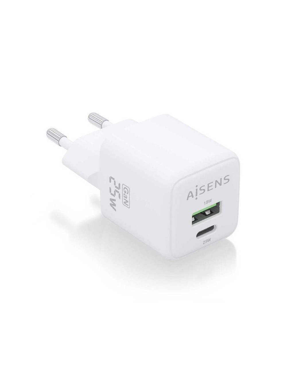 Cargador de Pared GaN Aisens ASCH-25W2P014-W/ 1xUSB Tipo-C/ 1xUSB/ 25W